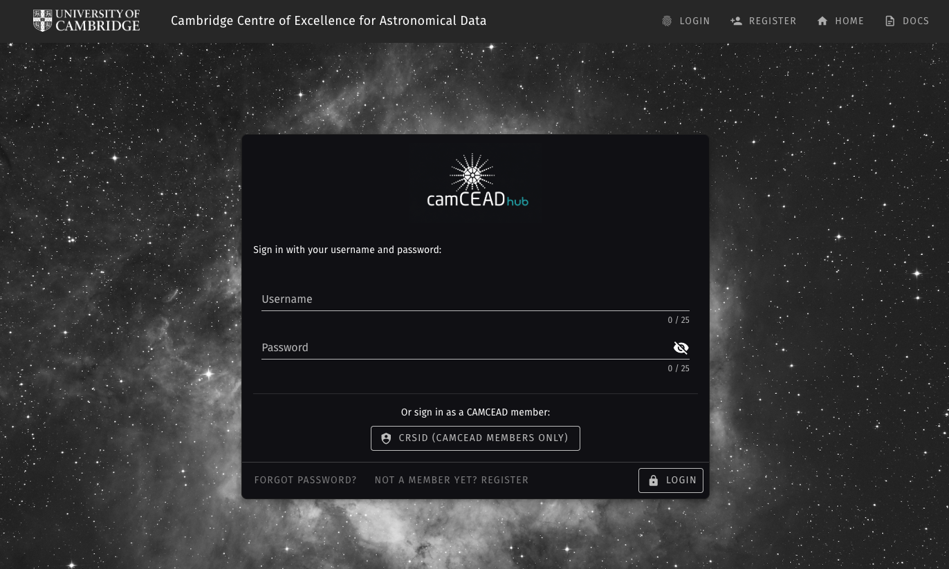 CAMCEADHUB sign-in screen showing the CRSid Raven login option alongside the existing username and password fields