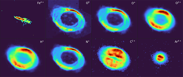 Eight individual WEAVE LIFU emission-line images of the Ring Nebula showing different ionic species