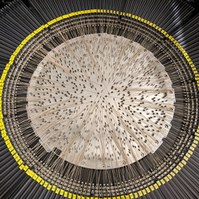 A fully configured WEAVE focal plane with 700 of some 950 fibres placed by two robots in position on the William Herschel Telescope